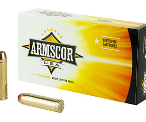 Two brass rifle cartridges beside a box of ARMSCOR USA center-fire cartridges.