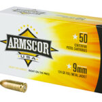 Box of Armscor 9mm centerfire pistol cartridges, 50 rounds, full metal jacket (124 gr) with two bullets beside the box