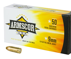 Box of Armscor 9mm centerfire pistol cartridges, 50 rounds, full metal jacket (124 gr) with two bullets beside the box