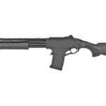 Black pump-action shotgun with a long barrel, ribbed fore-end, and adjustable stock shown in left profile.