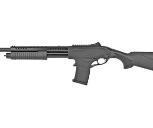 Black pump-action shotgun with a long barrel, ribbed fore-end, and adjustable stock shown in left profile.