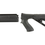 AR-style rifle components laid apart: pistol grip and adjustable buttstock separated from the fore-end to illustrate modular parts.