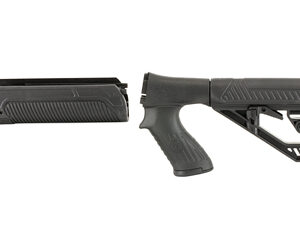 AR-style rifle components laid apart: pistol grip and adjustable buttstock separated from the fore-end to illustrate modular parts.