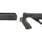 Modular rifle stock with adjustable buttstock and pistol grip shown separately.