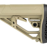 Beige adjustable rifle stock with a skeletonized frame and a black textured butt pad, shown in side view.