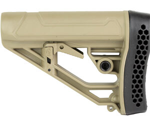 Beige adjustable rifle stock with a skeletonized frame and a black textured butt pad, shown in side view.