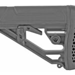 Side view of an adjustable, collapsible rifle stock with a skeletonized frame and a honeycomb-patterned butt pad