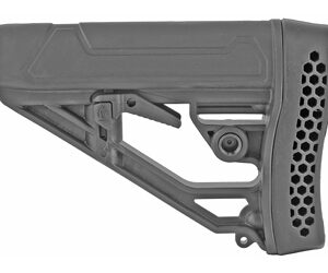 Side view of an adjustable, collapsible rifle stock with a skeletonized frame and a honeycomb-patterned butt pad