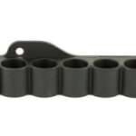 Six-slot ammunition holder with a mounting bracket, designed to hold and organize six round cartridges.