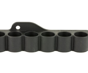 Six-slot ammunition holder with a mounting bracket, designed to hold and organize six round cartridges.