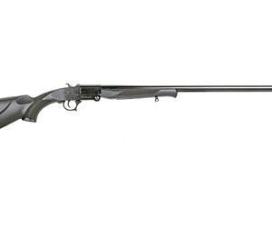 Bolt-action rifle with a black synthetic stock and a long barrel.