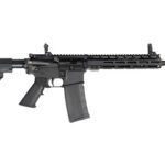 Black semi-automatic rifle with a collapsible stock, rail-mounted handguard, and curved magazine