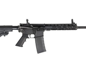 Black semi-automatic rifle with a collapsible stock, rail-mounted handguard, and curved magazine