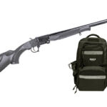 Long-barrel shotgun with stock, a green tactical backpack, and a smaller shotgun placed to the right.