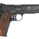 Side view of a black semi-automatic pistol with a brown wooden grip.