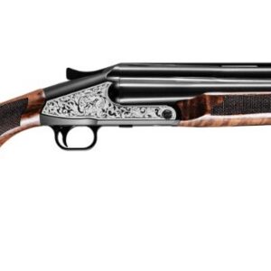 Over-under shotgun with a polished walnut stock and engraved silver receiver, long double-barrel layout.