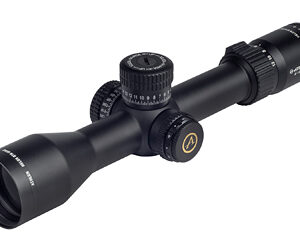 Black rifle scope with adjustable turrets and eyepiece, shown from the side against a white background.