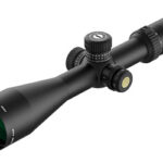 Black rifle scope with multiple adjustment knobs and a large objective lens, used to aid precision aiming at distance