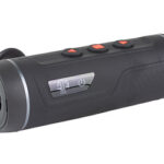 Compact handheld optical distance meter (rangefinder) with a small digital display and three red buttons on top.