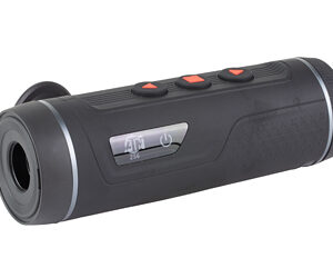 Compact handheld optical distance meter (rangefinder) with a small digital display and three red buttons on top.