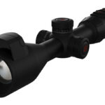 Black riflescope with adjustable turrets and a large front lens for aiming on a rifle (scope accessory).