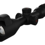 Black telescopic rifle scope with adjustment knobs and front lens, shown in a side-angle shot