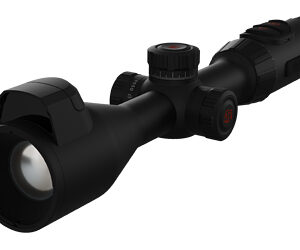 Black telescopic rifle scope with adjustment knobs and front lens, shown in a side-angle shot