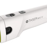 Side view of a TASER Bolt 2 stun gun with a yellow front cap and white body.