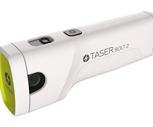Side view of a TASER Bolt 2 stun gun with a yellow front cap and white body.