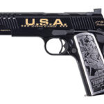 Black commemorative pistol replica with 'U.S.A.' lettering and a grip panel showing a grayscale Trump illustration.