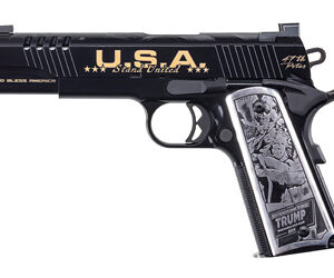 Black commemorative pistol replica with 'U.S.A.' lettering and a grip panel showing a grayscale Trump illustration.