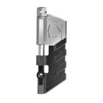 Modern metal cigarette lighter with a chrome finish and textured black body.