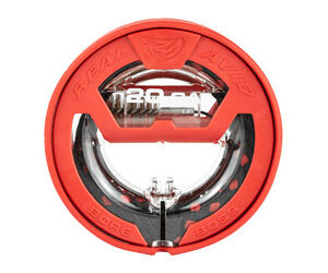 Red circular safety cap with a metal inner ring and a clear center window