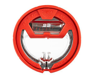 Close-up of a red circular device with a small digital display showing the number 22 and a clear center window.