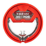 Red circular 7.62mm/.308 cartridge gauge with a metal inner ring used to measure ammunition size.