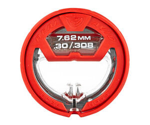 Red circular 7.62mm/.308 cartridge gauge with a metal inner ring used to measure ammunition size.