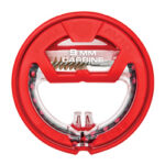 Red circular bottle opener with a chrome inner ring and a '9MM CARBINE' label.