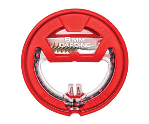 Red circular bottle opener with a chrome inner ring and a '9MM CARBINE' label.