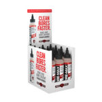 Product display stand with bottles labeled 'Clean Bores Faster' bore cleaning solvent.