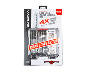 BoreMax bore cleaning kit in clear packaging with patches and bits; label reads “CLEAN BORES FASTER.”