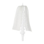 White lattice medical implant with a conical mesh and screw-like bottom, shown on a white background.