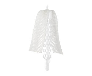 White lattice medical implant with a conical mesh and screw-like bottom, shown on a white background.