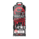 Front of packaging for a red-and-black multi-tool kit, showing assorted bits and driver handles.