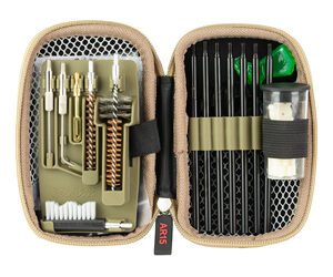 Open zippered tool case with precision repair tools: left side has small screwdrivers, picks, and brushes; right side holds pins and a small bottle secured by elastic bands.