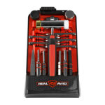 Open red-internal tool kit in a black case, displaying precision screwdrivers, bits, and pliers (Real Avid branding).