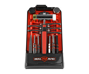 Open red-internal tool kit in a black case, displaying precision screwdrivers, bits, and pliers (Real Avid branding).