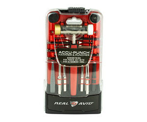 Real Avid Accu-Punch tool set in a red and black case, with multiple punch and frame tools visible through clear packaging.