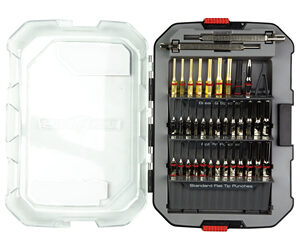 Compact screwdriver bit set in a black case with red latches, open to reveal a variety of bits and a small handle guardrail area.