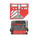 Red modular tool case above a black toolkit with drill bits and screwdrivers.