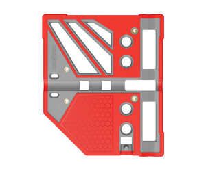 Illustration of a red machine panel with gray internal ribs, diagonal braces, and visible screws.